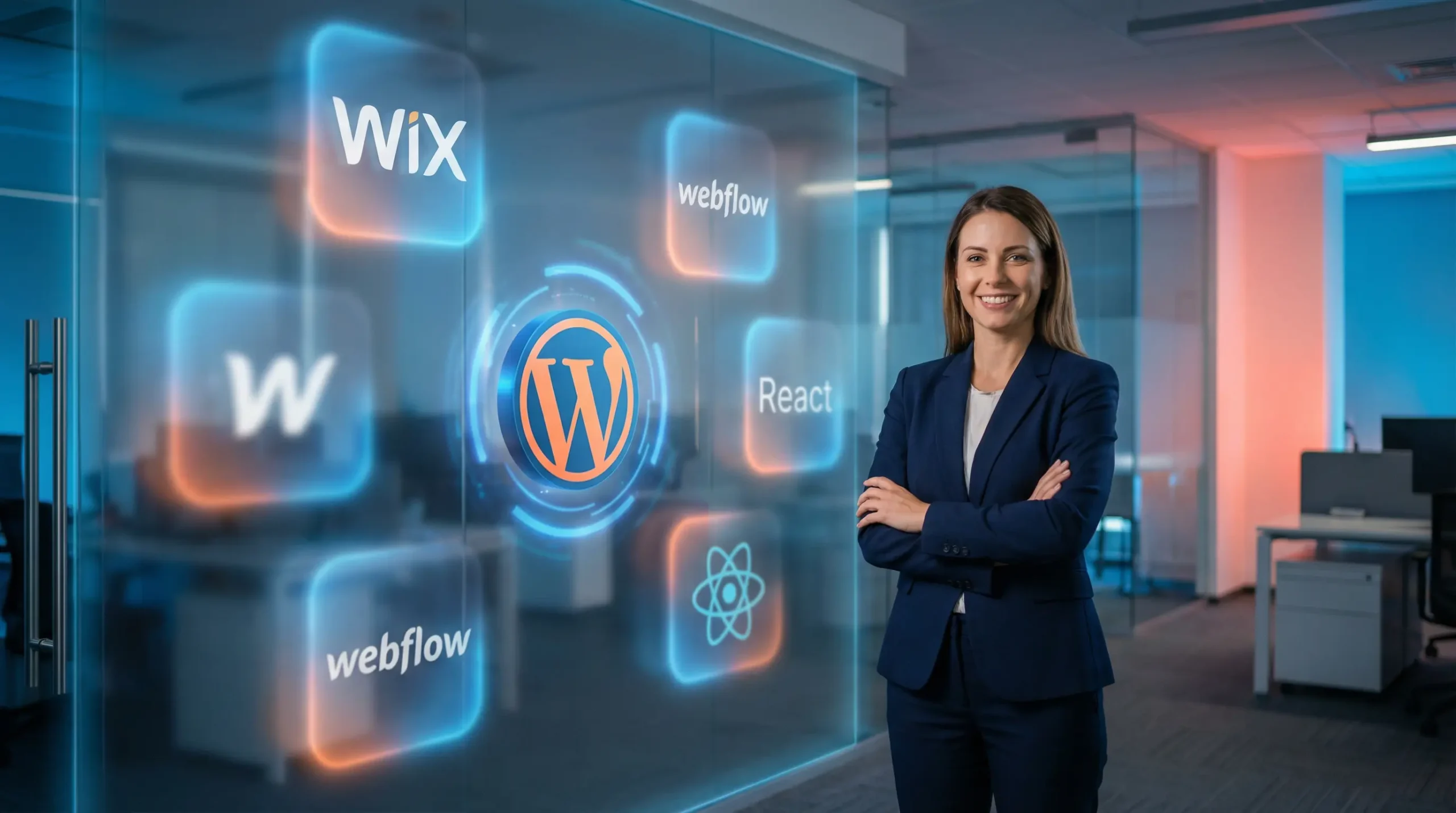 Grafika przedstawiająca porównanie różnych technologii webowych: Wix, Webflow i WordPress