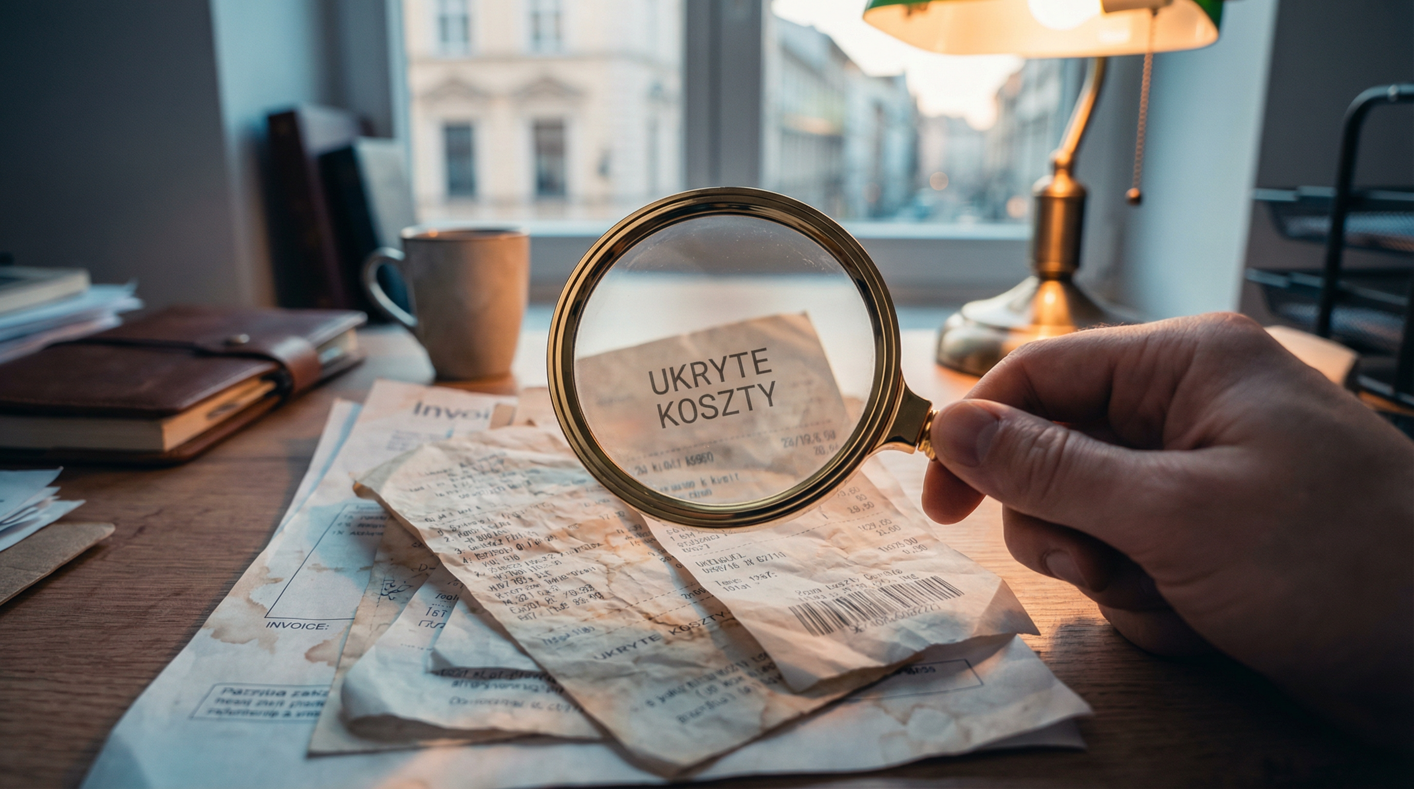 Ręka z lupą nad stosem małych faktur i paragonów w złotówkach, symbolizująca ukryte koszty drobnych zmian na stronie