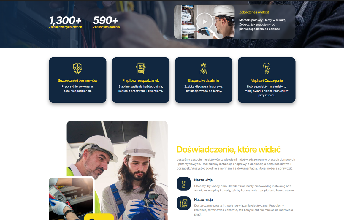 Sekcja Hero na stronie elektryka z wyraźnym nagłówkiem i przyciskiem wezwania do działania