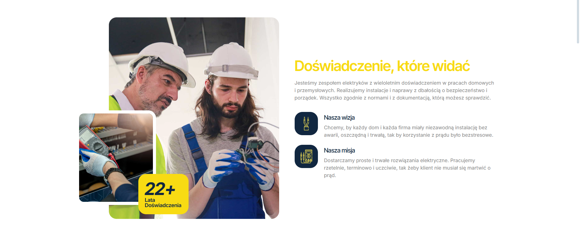 Sekcja z kartami usług elektrycznych ułatwiająca nawigację na stronie