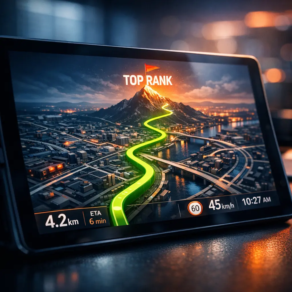 Ekran nawigacji GPS prowadzący do sukcesu w Google, symbolizujący łatwe pozycjonowanie (SEO) na WordPressie