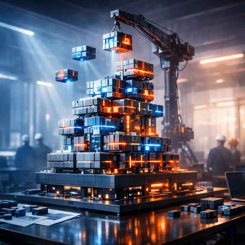 Futurystyczna struktura z klocków symbolizująca modułową budowę WordPressa i łatwą rozbudowę strony