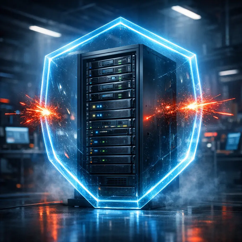 Nowoczesny serwer chroniony cyfrową tarczą, symbolizujący bezpieczeństwo zarządzanego hostingu WordPress