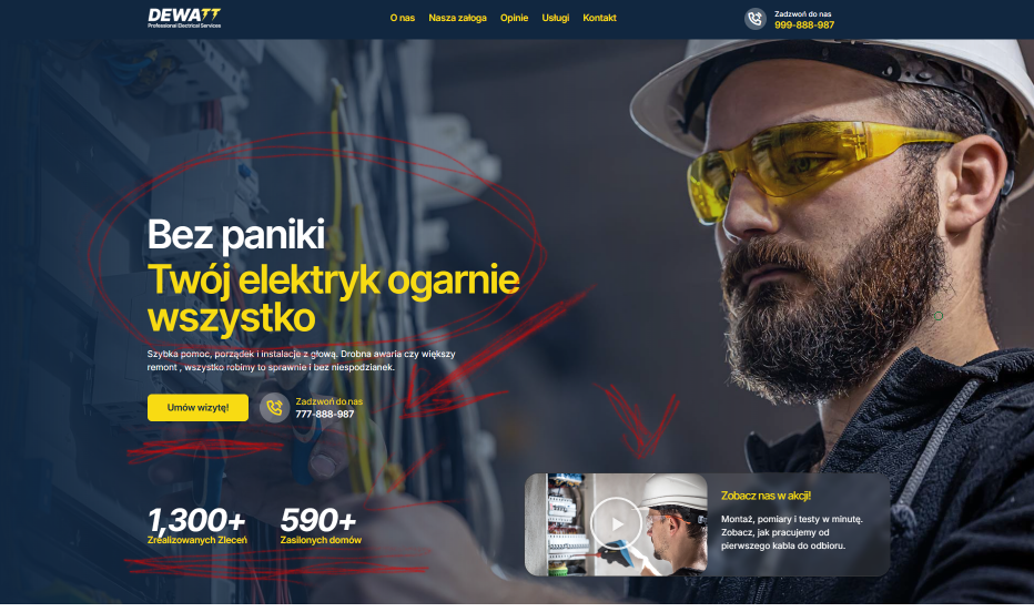 Pełny widok strony głównej demonstracyjnej dla elektryka stworzonej przez KozakWeb