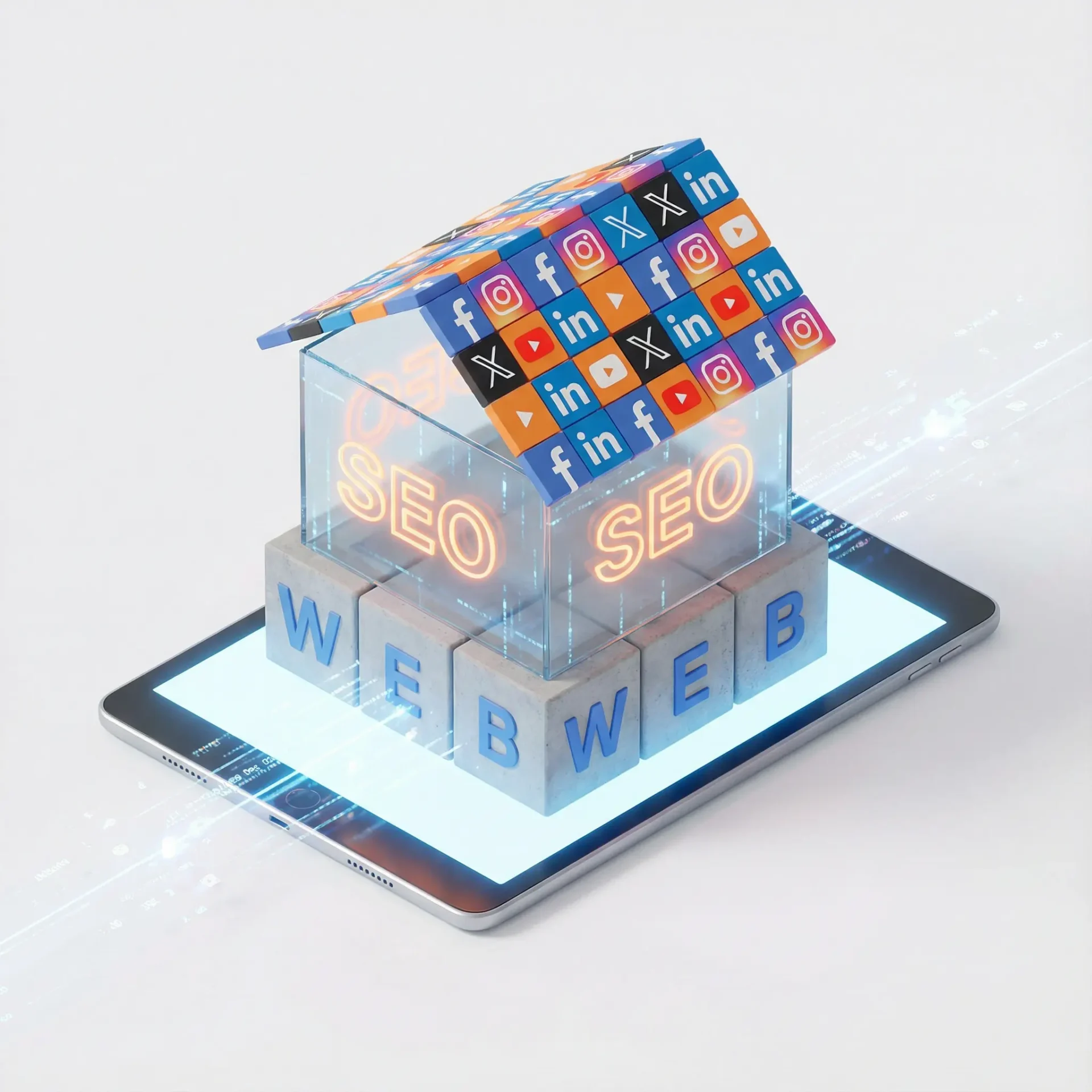 Schemat domu pokazujący, że strona WWW to fundament marketingu, a social media to tylko dekoracja